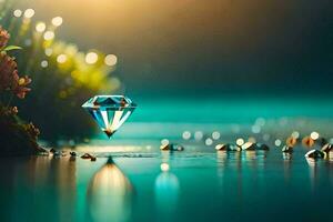 een diamant drijvend in de water met een klein steen. ai-gegenereerd foto