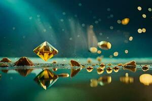 gouden diamant in de water met schittert. ai-gegenereerd foto