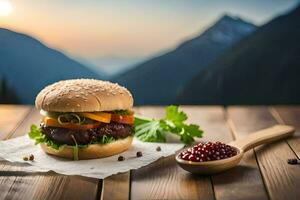een Hamburger met tomaten en rood wijn Aan een houten tafel. ai-gegenereerd foto