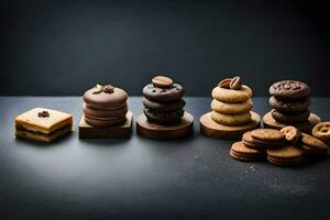 een verscheidenheid van koekjes en gebakjes Aan een zwart achtergrond. ai-gegenereerd foto