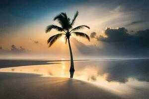 de zon stijgt over- de oceaan en de palm boom Aan de strand. ai-gegenereerd foto