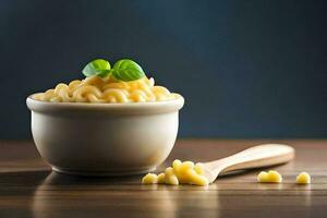 macaroni in een kom met een lepel Aan een houten tafel. ai-gegenereerd foto