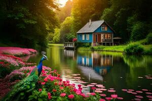 mooi Pauw in de tuin door de rivier. ai-gegenereerd foto