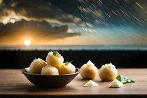 de voedsel is geserveerd Aan een houten tafel met een kom van aardappelen en een kom van rijst. ai-gegenereerd foto