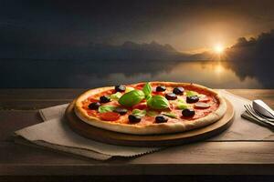 pizza Aan een houten tafel met een zonsondergang in de achtergrond. ai-gegenereerd foto