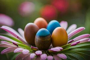 kleurrijk eieren Aan een bloem. ai-gegenereerd foto