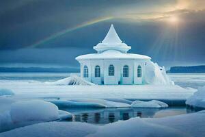 een kerk Aan een ijs gedekt meer met een regenboog. ai-gegenereerd foto