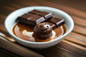 een kom van chocola en karamel Aan een houten tafel. ai-gegenereerd foto