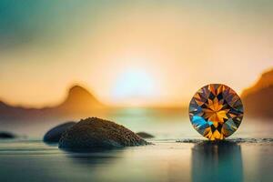 een diamant zit Aan de strand Bij zonsondergang. ai-gegenereerd foto