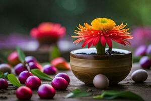een bloem in een pot omringd door eieren en bladeren. ai-gegenereerd foto