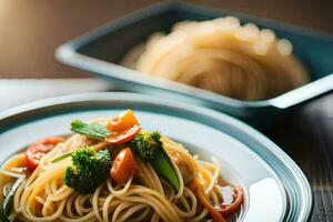 een bord van spaghetti met groenten en broccoli. ai-gegenereerd foto