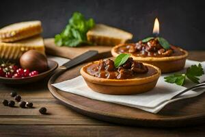 twee taarten met vlees en brood Aan een houten tafel. ai-gegenereerd foto