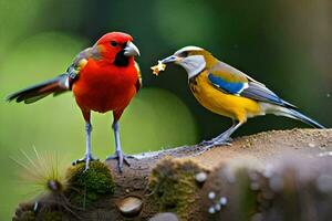 twee kleurrijk vogelstand staand Aan een Afdeling. ai-gegenereerd foto