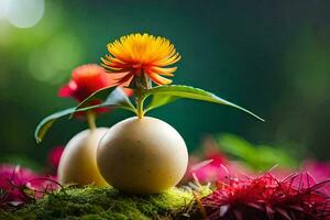 twee eieren met bloemen in hen Aan een groen achtergrond. ai-gegenereerd foto