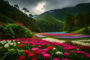 kleurrijk bloemen zijn in een veld- met bergen in de achtergrond. ai-gegenereerd foto