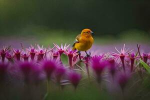 een vogel is neergestreken Aan top van sommige Purper bloemen. ai-gegenereerd foto