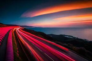 een lang blootstelling fotograaf van een weg met auto's voorbijgaan door. ai-gegenereerd foto