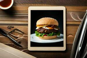 een tablet met een hamburger Aan het. ai-gegenereerd foto