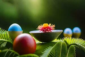 kleurrijk eieren en bloemen Aan een groen blad. ai-gegenereerd foto