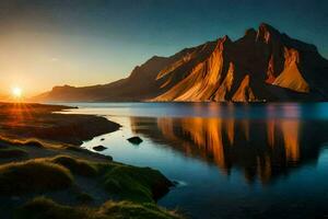 de zon stijgt over- de bergen in IJsland. ai-gegenereerd foto