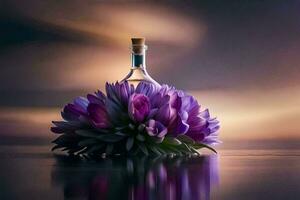 een fles van wijn en Purper bloemen Aan de water. ai-gegenereerd foto