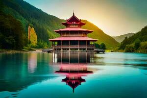 een pagode zit Aan de water in voorkant van een berg. ai-gegenereerd foto