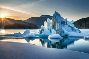 ijsbergen in de water Bij zonsondergang. ai-gegenereerd foto
