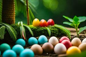 kleurrijk eieren in een nest met planten en bomen. ai-gegenereerd foto