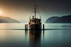een boot is het zeilen in de water Bij zonsondergang. ai-gegenereerd foto