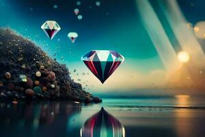 diamanten in de lucht, water, reflecties, hd behang. ai-gegenereerd foto