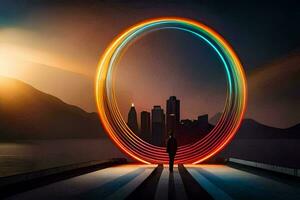 een Mens staand in voorkant van een circulaire licht ring. ai-gegenereerd foto