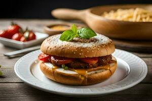 een Hamburger met kaas en tomaten Aan een wit bord. ai-gegenereerd foto