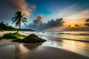 de strand en palm boom Bij zonsondergang. ai-gegenereerd foto