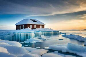 een klein huis zit Aan top van een ijsberg in de midden- van de oceaan. ai-gegenereerd foto