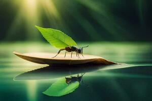 een klein mier zit Aan een blad in de water. ai-gegenereerd foto