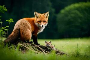een vos en haar welpen in een veld. ai-gegenereerd foto