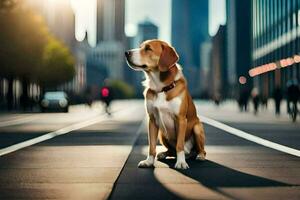 een hond zittend Aan de straat in voorkant van een stad. ai-gegenereerd foto