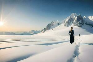 een vrouw in een lang jurk wandelen aan de overkant een besneeuwd veld. ai-gegenereerd foto