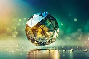 een diamant is getoond in de midden- van een glimmend oppervlak. ai-gegenereerd foto