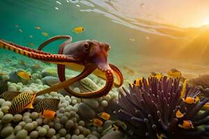 een Octopus zwemt over- een koraal rif met vis. ai-gegenereerd foto