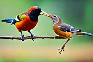 twee kleurrijk vogelstand zijn zittend Aan een Afdeling. ai-gegenereerd foto