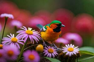 een kleurrijk vogel zit Aan top van sommige bloemen. ai-gegenereerd foto