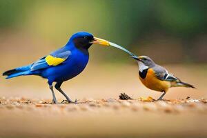 een blauw vogel en een geel vogel zijn staand De volgende naar elk ander. ai-gegenereerd foto