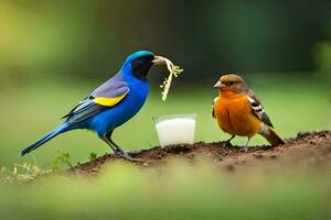twee vogelstand aan het eten van een glas van melk. ai-gegenereerd foto