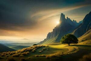 de zon schijnt Aan een berg reeks met een eenzaam boom. ai-gegenereerd foto