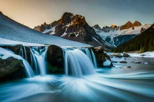 een waterval stromen door een berg stroom Bij zonsondergang. ai-gegenereerd foto