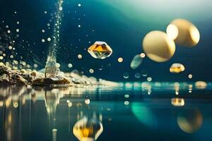 een diamant is vallend in water met bubbels. ai-gegenereerd foto