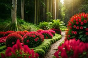 mooi tuin met rood bloemen en groen gras. ai-gegenereerd foto