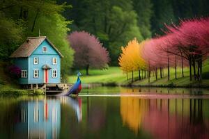 een huis Aan de water met kleurrijk bomen. ai-gegenereerd foto