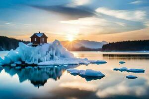 een klein huis Aan een ijsberg in de midden- van een meer. ai-gegenereerd foto